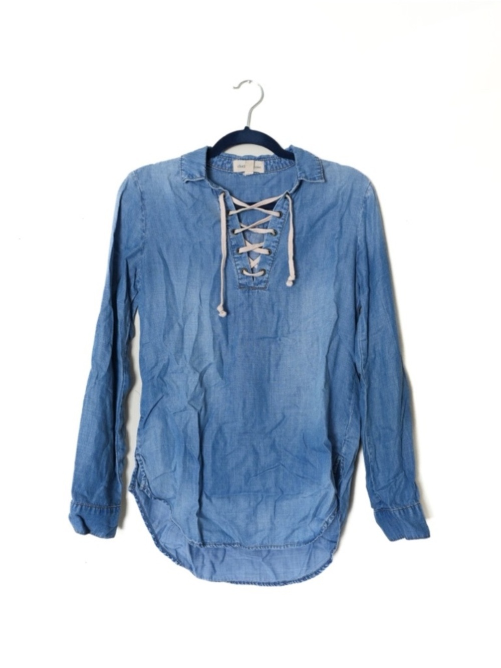 Anthropologie Cloth & Stone Blue Denim Chambray Lace Tunic Long Sleeve Top